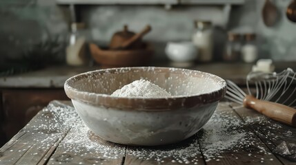 A bowl of flour on a wooden table with a whisk and kitchen utensils in the background in soft lighting