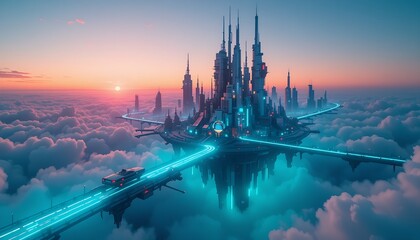 A futuristic city floating above the clouds with glowing neon pathways and flying vehicles