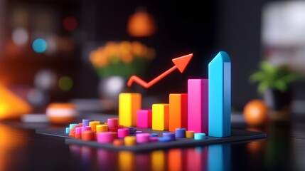Colorful 3D bar graph with upward trending arrow, set against a blurred background of home office elements, reflecting on a dark surface