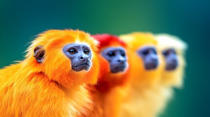 Four vibrant golden lion tamarins, varying in shades of orange and red, are closely positioned against a blurred teal backdrop, showcasing their unique fur coloration