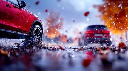 Red SUV splashing through a rain-soaked autumnal street, leaves swirling, another vehicle in the background