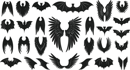 Diverse Collection of Black Wings and Bats Silhouettes Isolated on White Background.