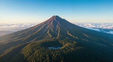 Fototapeta premium Aerial view mountain volcano crater lake forest nature landscape travel peak