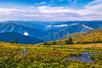 scenic summer lanfdscape, awesome morning dawn view, location Carpathian mountains, Ukraine, Europe, Krasna range near Kolochava and Hust, Transcarpathian region