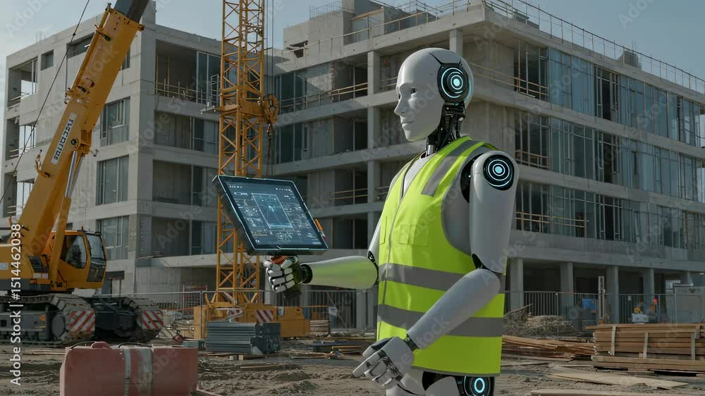 Poster robot working with digital tablet. ai controlled construction site technology video. robotic worker 