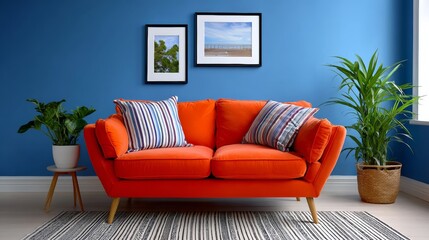 Large orange couch sits in a room with a blue wall and a green plant. The couch is surrounded by pillows and a rug, and there are two framed pictures on the wall. The room has a cozy