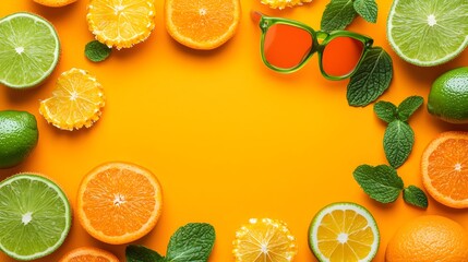 Vibrant citrus fruits, mint leaves, and bright sunglasses create a sunny, summery border on a bold orange background, leaving a central blank space