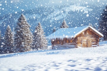 Snowy cabin nestled in a winter landscape with gentle falling snowflakes, Snowy Cabin in Winter Landscape with Falling Snowflakes