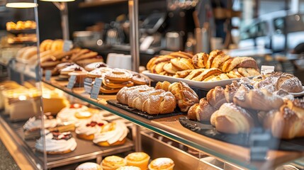 Assortment of pastries displayed in a bakery case with cakes croissants and other baked goods visible