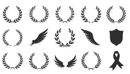Fototapeta premium Collection of Vintage Laurels, Wings, Ribbon, and Shield Vector Illustrations on White.