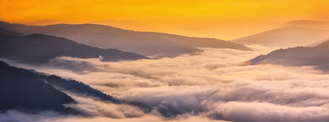 scenic foggy  summer lanfdscape, awesome morning dawn view, location Carpathian mountains, Ukraine, Europe, Krasna range near Kolochava and Hust, Transcarpathian region