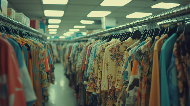 Wide view of local shopping store with mens wear on racks filled with hanging clothes