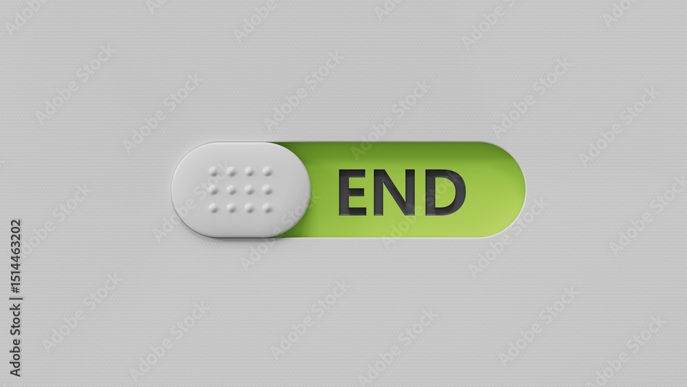 Poster end.slide switch spelling.Flat lay view from above on slide switch buttons.IT technology concept.3D rendering on green background.
