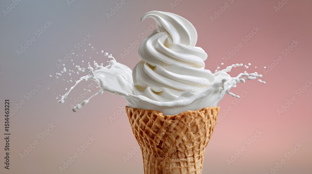Poster scoop of ice cream in a waffle cone is splashing milk. concept of fun and playfulness, as the milk s
