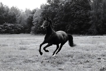 Galloping horse in grayscale meadow scene