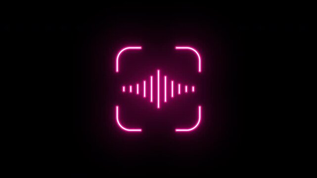 Neon voice scan icon, flickering emergence and fading. Glowing neon sound wave icon, looped animation. Voice control, speech recognition, voice command activation. Red pink magenta colors
