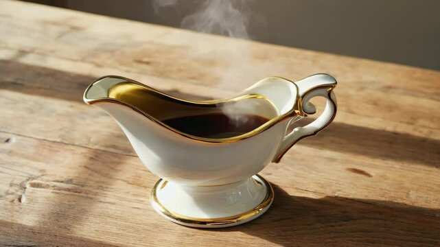 Ceramic tea cup with gold trim and saucer, steam rising, likely full of a warm beverage. Sits on a table. Ceramic teacup with gold trim for serving tea or coffee.