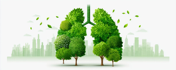 Health risk factors and symptom concepts. Trees shaped like lungs symbolize the importance of nature for clean air against a cityscape background.