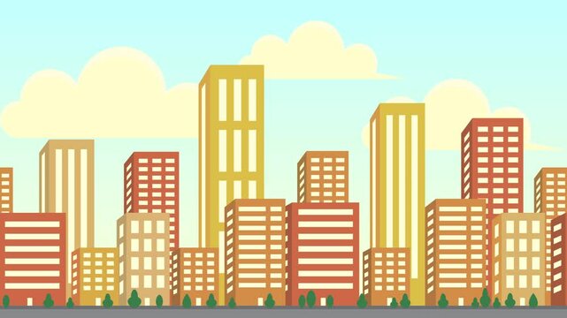Parallax animation Landscape view City buildings, moving animation of city with skyscrapers on a sunny day