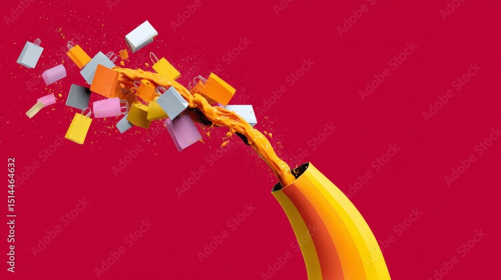 Poster red background with a yellow banana with orange and pink blocks coming out of it. the blocks are sca