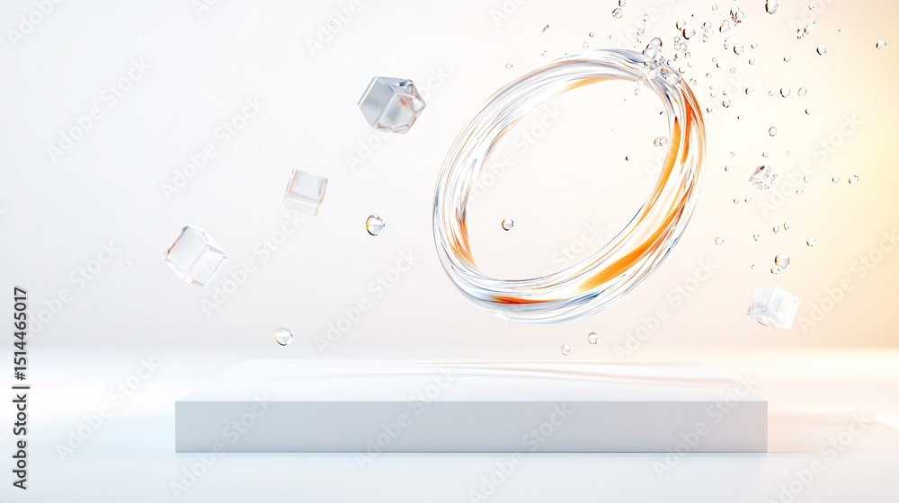 Poster abstract motion: floating transparent ring and cubes