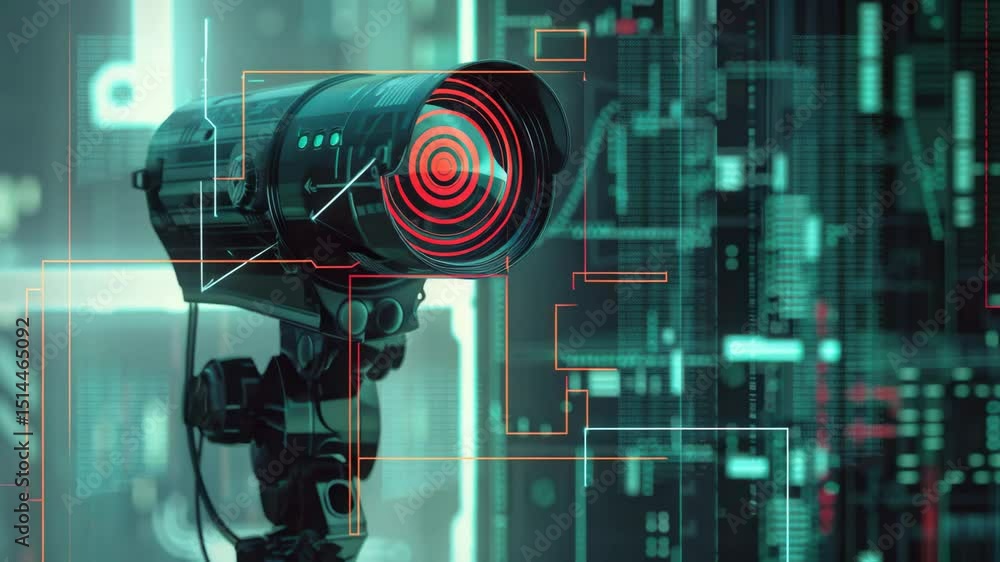 Poster cctv camera with red lens illumination and futuristic interface elements against a digital matrix ba