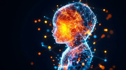 A profile of a child's head, rendered as a glowing wireframe of interconnected nodes and lines in shades of orange and blue against a dark background