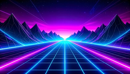 Neon Virtual Gaming World with Wireframe Grid
