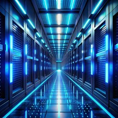 Fototapeta premium -futuristic-data-center-corridor-with-glowing-blue