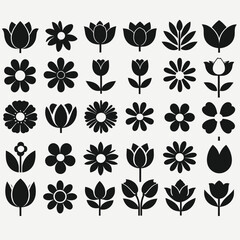 An elegant collection of stylized black and white flower icons in vector format.