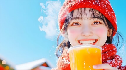 A smiling young woman in a red hat and scarf enjoys a warm, steaming orange beverage outdoors on a snowy, sunny day