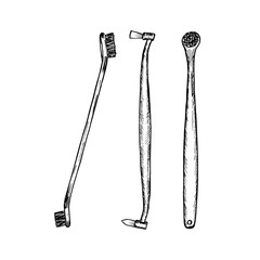 Pet toothbrush - hand-drawn vector line sketch illustrations set. Veterinary, dentistry, oral hygiene, healthcare. Outline engraving doodle clipart isolated on white background