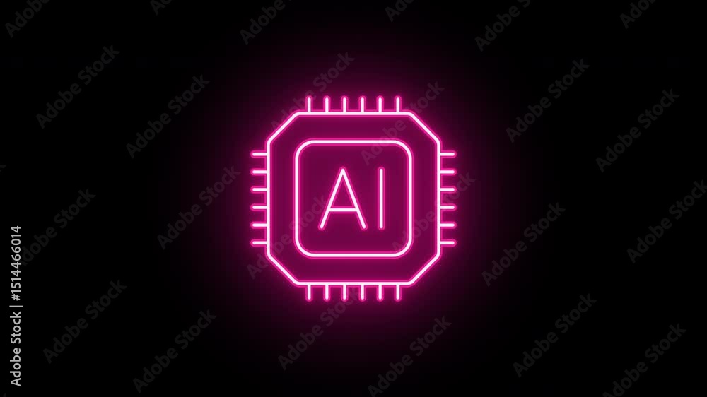 Poster neon ai microchip icon, flickering emergence and fading. glowing neon computing processor icon, loop