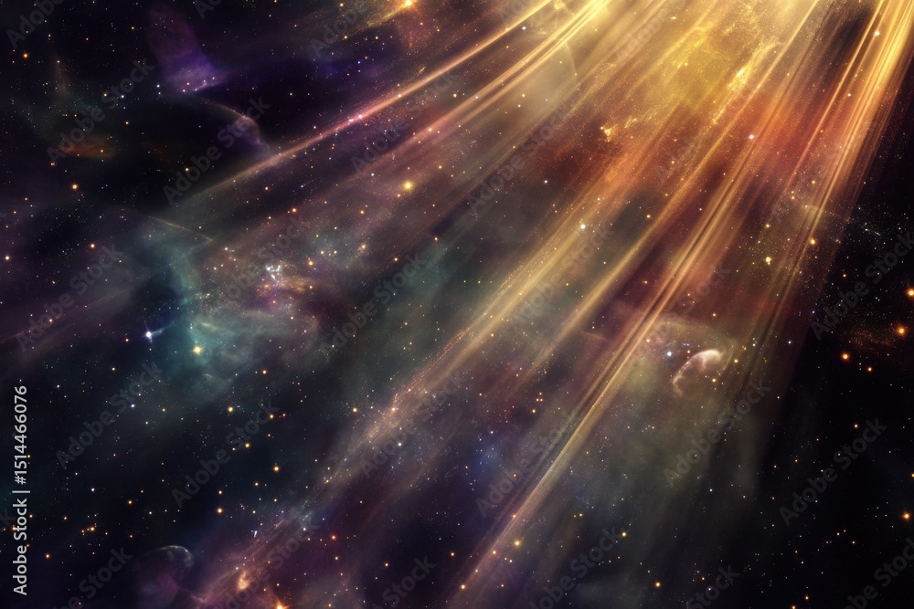 Poster motion blurred rays creating a vibrant cosmic environment in deep space, fly in space motion blurred
