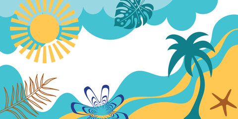 Summer multicolor frame, sea and sky, sun and tropics, summer vacation, vector banner