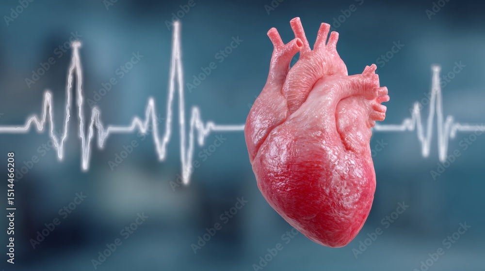 Poster heart is shown in front of an ecg wave. the heart is red and he is in a healthy state. the ecg wave 