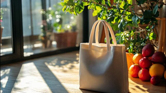 Beautifully-designed beige leather handbag placed near green plants in cozy interior setting
