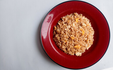 Fried rice with egg isolated on white background. Clipping path.