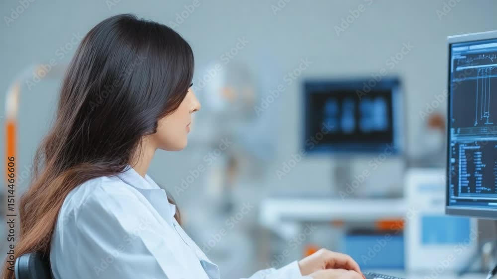 Poster scientist at work: a focused female scientist meticulously analyzes data on a computer screen in a m