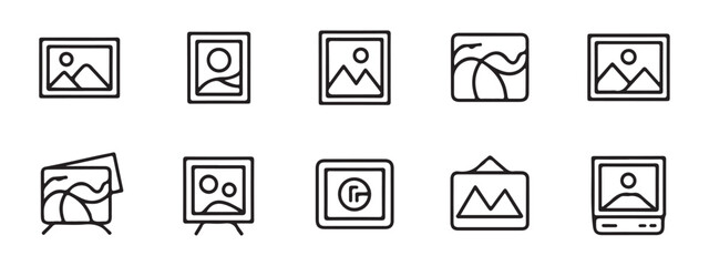 A set of nine simple black line icons depicting various image types, including landscape photos, portraits, abstract art, and different display methods.
