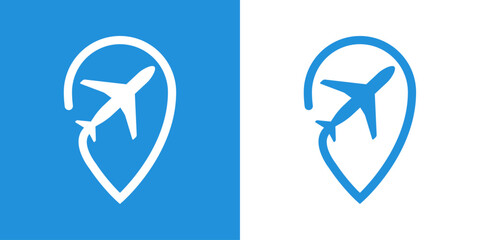 Logo travel. Silueta de avión de pasajeros en puntero de posición lineal © teracreonte