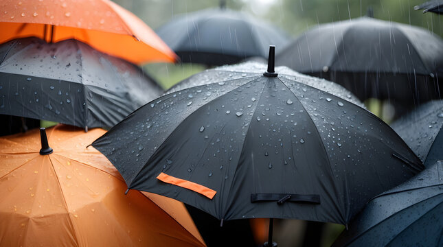 An AI-generated atmospheric close-up captures a multitude of open umbrellas, predominantly in shades of dark gray and black