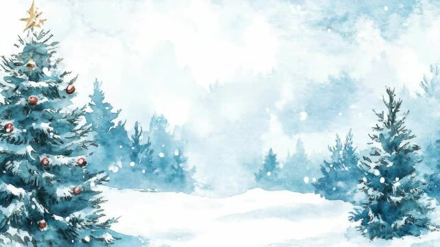 Snowy village with pine trees and mistletoe decorations