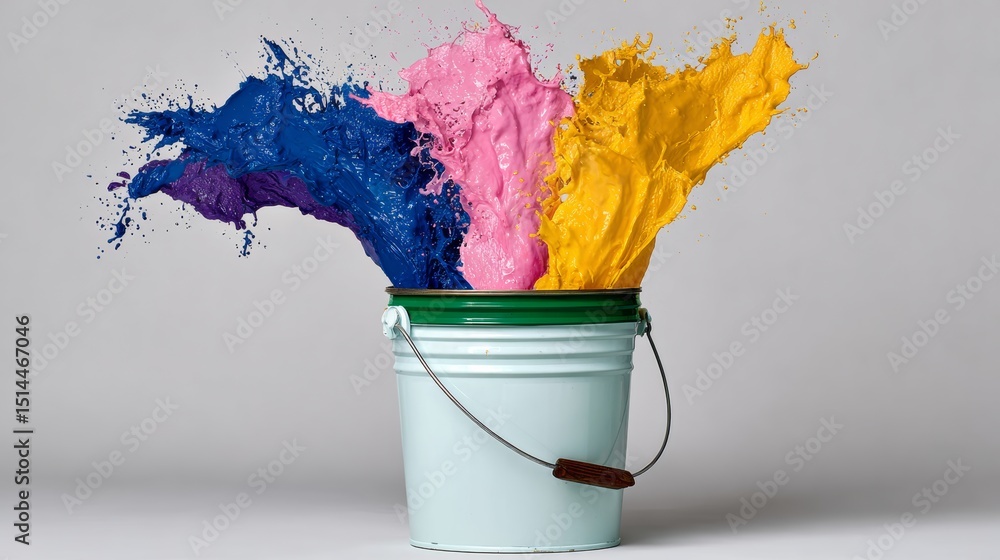 Poster bucket of paint with a splash of color and a splash of color. the bucket is filled with a variety of