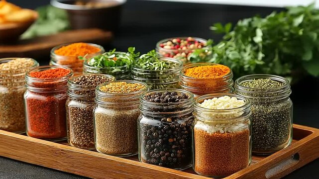 Assortment of aromatic spices in glass jars for culinary adventures and flavors