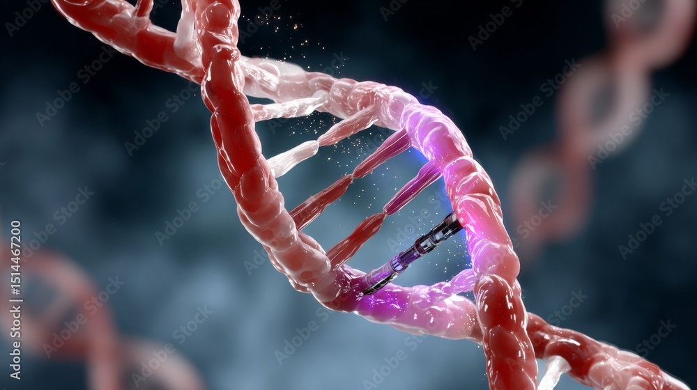 Poster close up of a dna strand with a broken link. concept of fragility and vulnerability, as the broken l