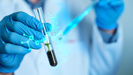 Scientist examining plant growth in a test tube with futuristic digital overlay
