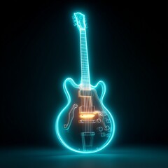 Sleek neon outline of a guitar on black background, glowing musical instrument
