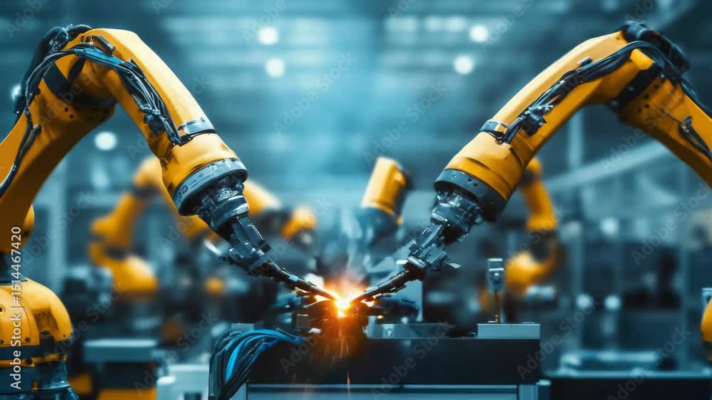 Poster collaborative robots working together in a factory, highlighting advances in automation and industri