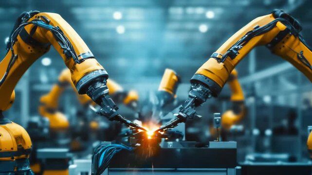 Collaborative robots working together in a factory, highlighting advances in automation and industrial technology.